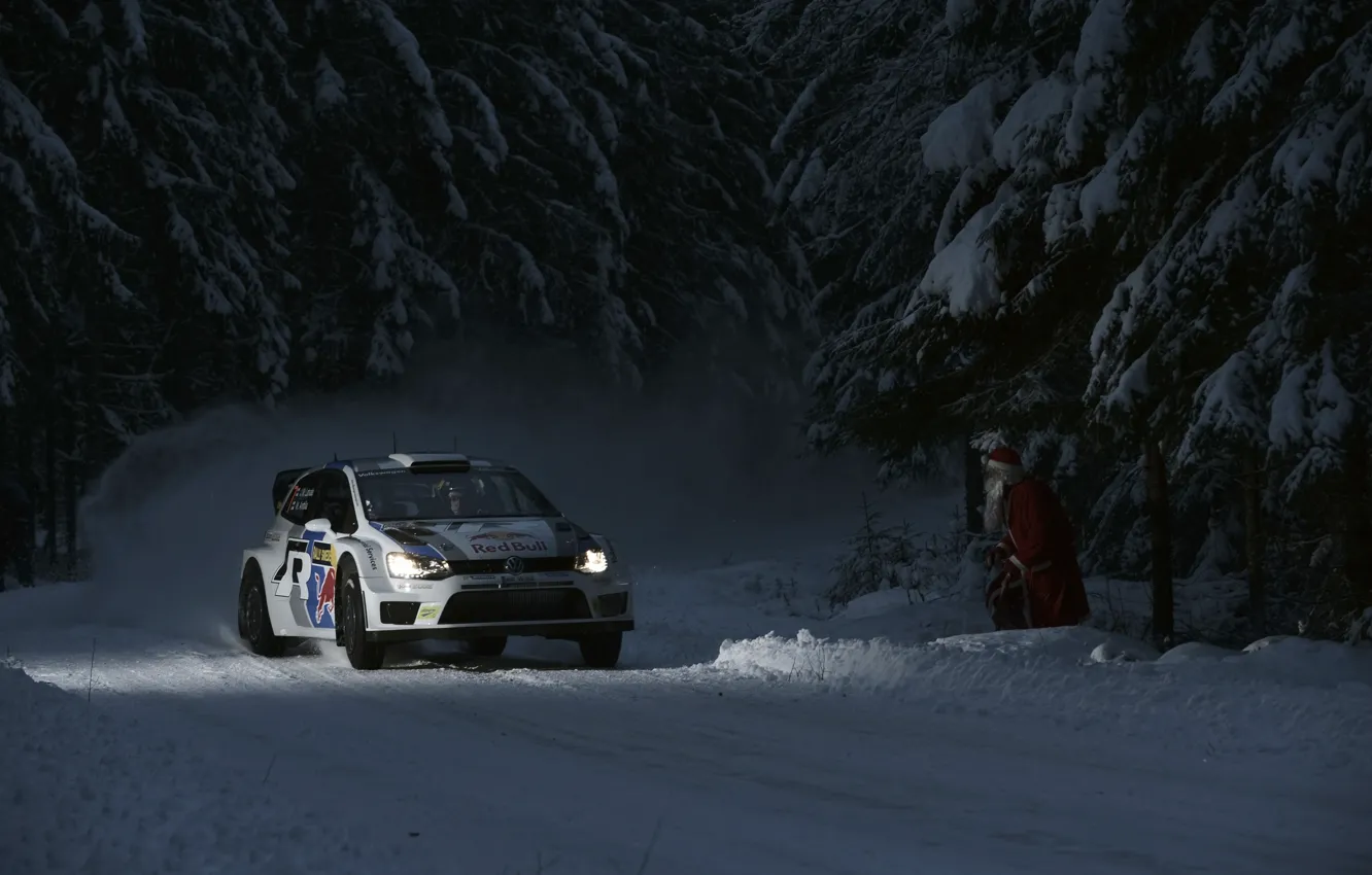 Photo wallpaper Auto, Night, White, Snow, Forest, Volkswagen, Machine, Light, Lights, Red Bull, WRC, Rally, Polo, Santa …