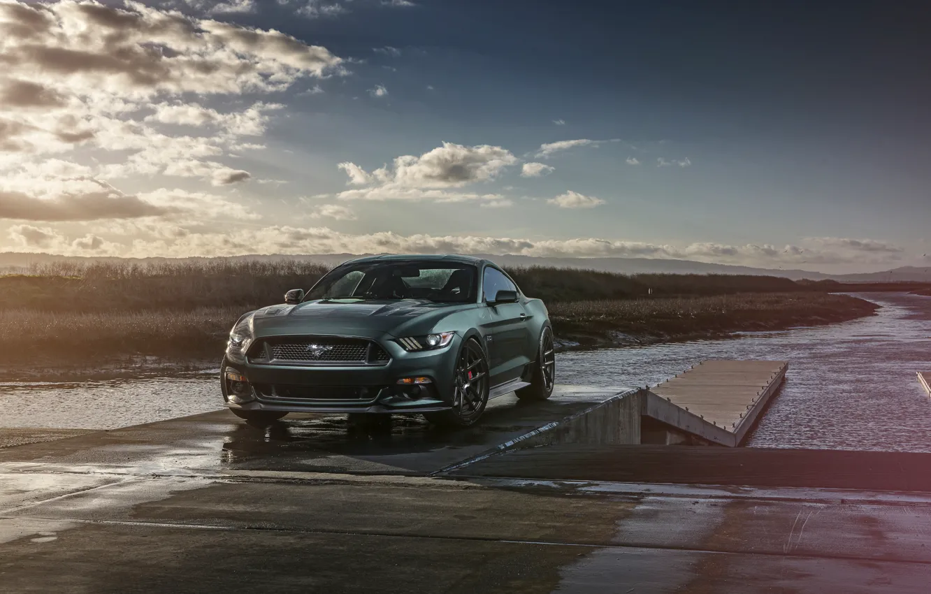 Photo wallpaper Mustang, Ford, Muscle, Car, Front, Sunset, Wheels, 2015, Velgen