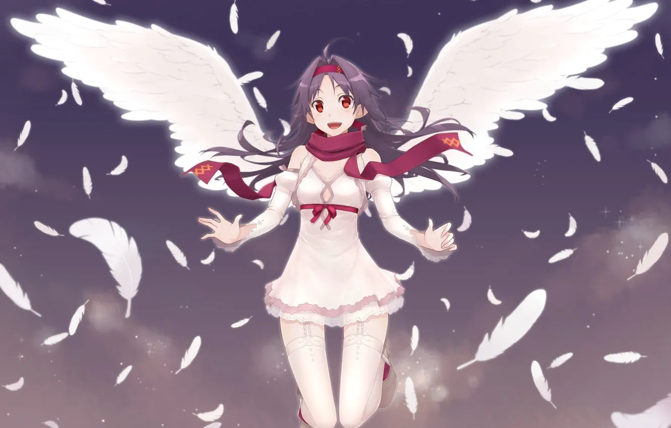 Wallpaper game, smile, anime, cloud, wings, feathers, pretty, angel, MMORPG,  asian, cute, manga, pretty girl, scarf, japanese, RPG images for desktop,  section сёнэн - download