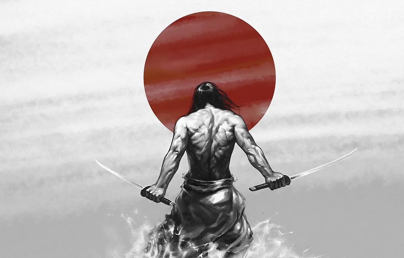 Photo wallpaper the sun, power, Wallpaper, figure, katana, Japan, warrior, Samurai, japan, muscle, katana, sun, katana, samurai, …