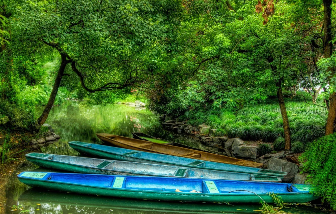 Photo wallpaper forest, river, boats