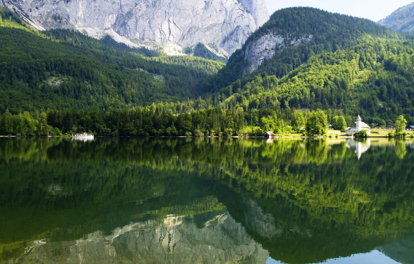 Photo wallpaper forest, trees, mountains, lake, reflection, rocks, Austria, Gruner