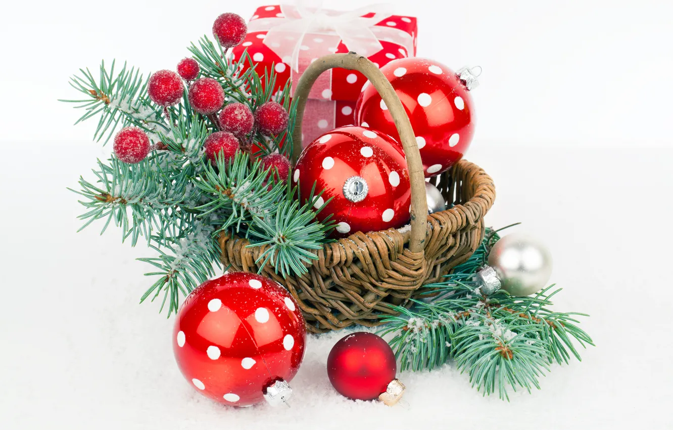 Photo wallpaper Branches, Balls, Basket, New year, Holiday, Gifts