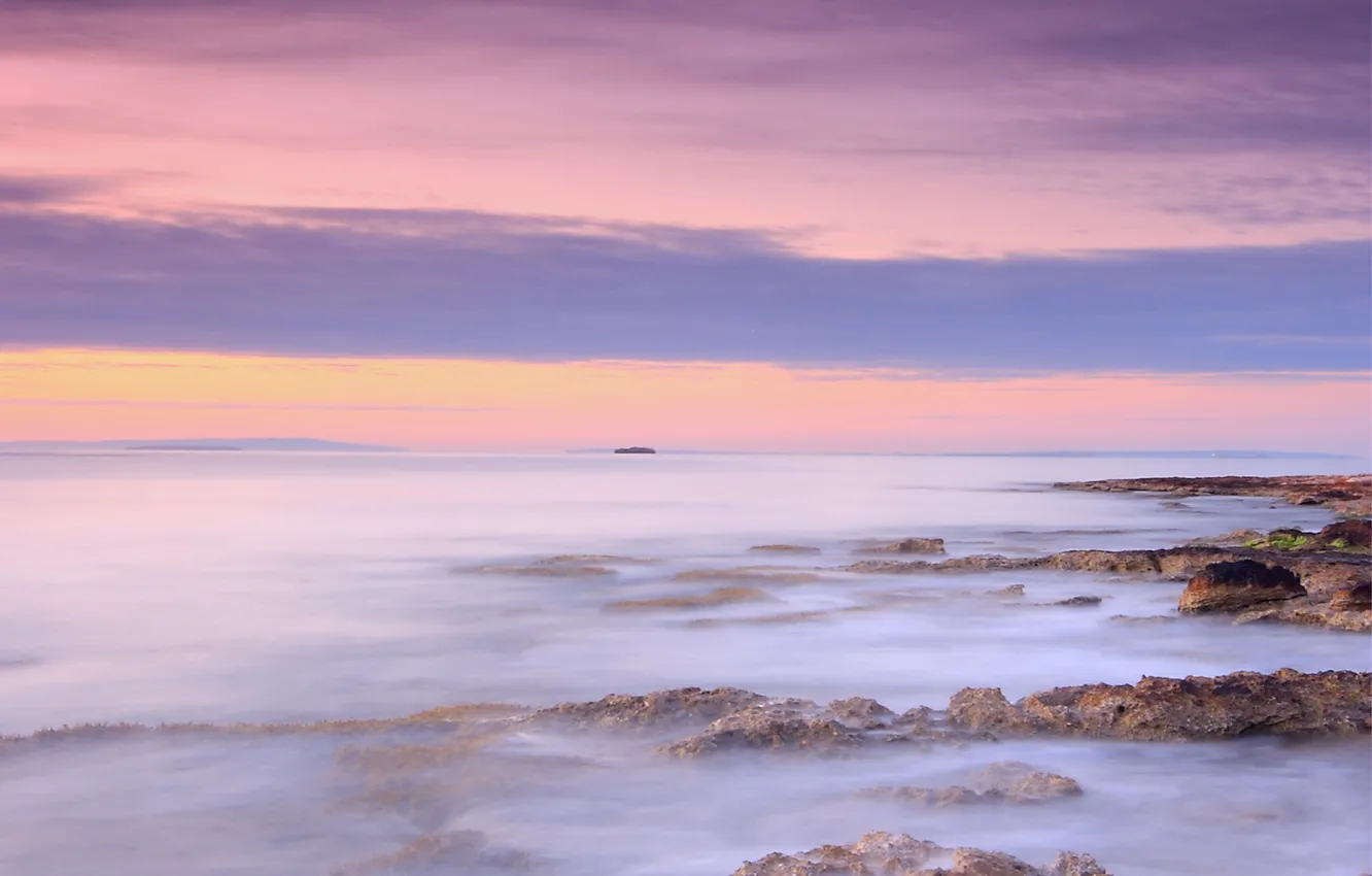 Photo wallpaper the sky, clouds, sunset, orange, stones, the ocean, lilac, pink, shore, Sea, the evening
