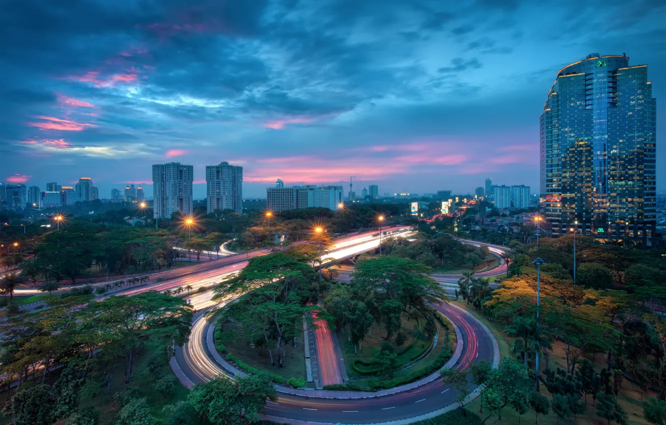 Wallpaper the sky, trees, clouds, the city, lights, building, home,  skyscrapers, the evening, excerpt, lighting, Indonesia, lights, megapolis,  capital, traffic images for desktop, section город - download