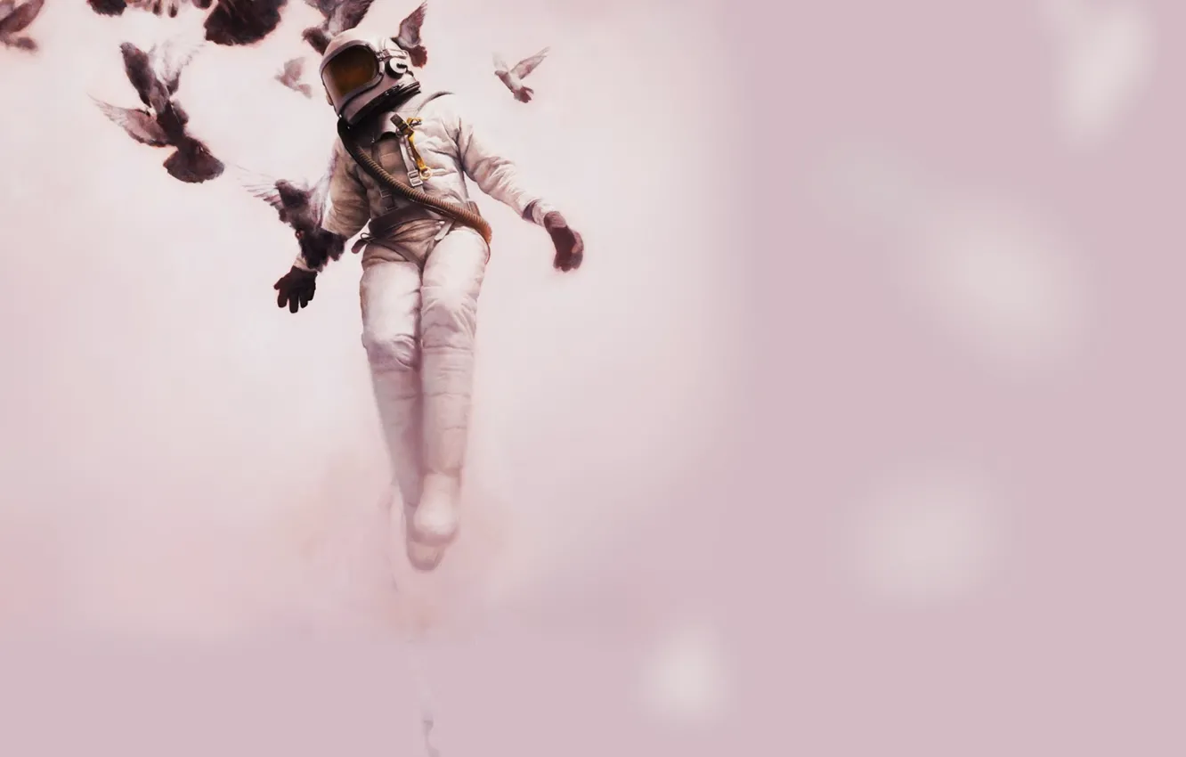 Photo wallpaper astronaut, pigeons, flight
