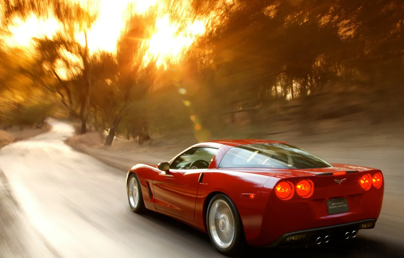 Photo wallpaper road, the sun, Corvette, Chevrolet