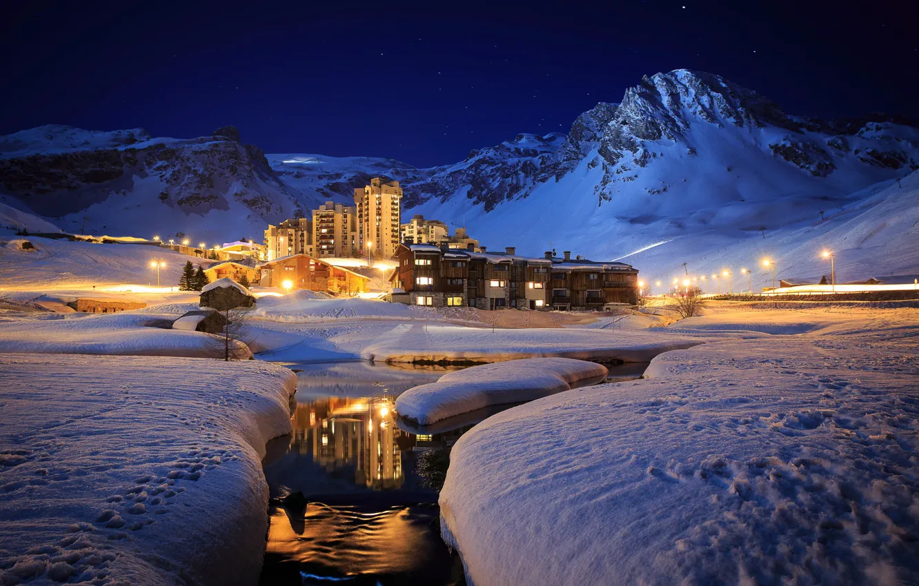 Photo wallpaper winter, snow, mountains, night, river, resort, cottages