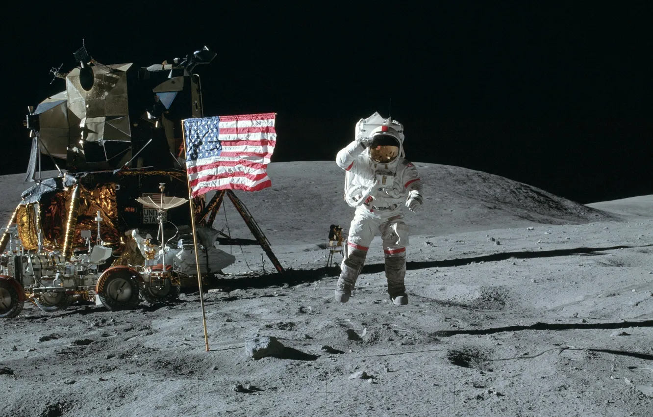 Photo wallpaper space, jump, Wallpaper, the moon, flag, Astronaut, America, USA, the lunar module, American, Rover