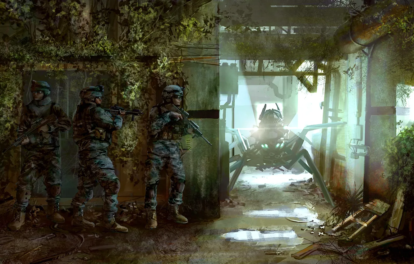 Photo wallpaper weapons, room, thickets, the building, robot, art, ambush, soldiers, equipment, the room, special forces