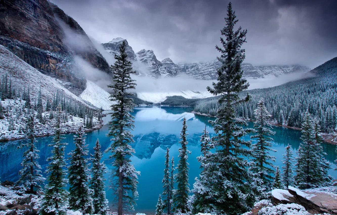 Photo wallpaper ice, snow, mountains, lake, spruce, Canada, Canada, Moraine Lake, Valley of the Ten Peaks, Moraine, …