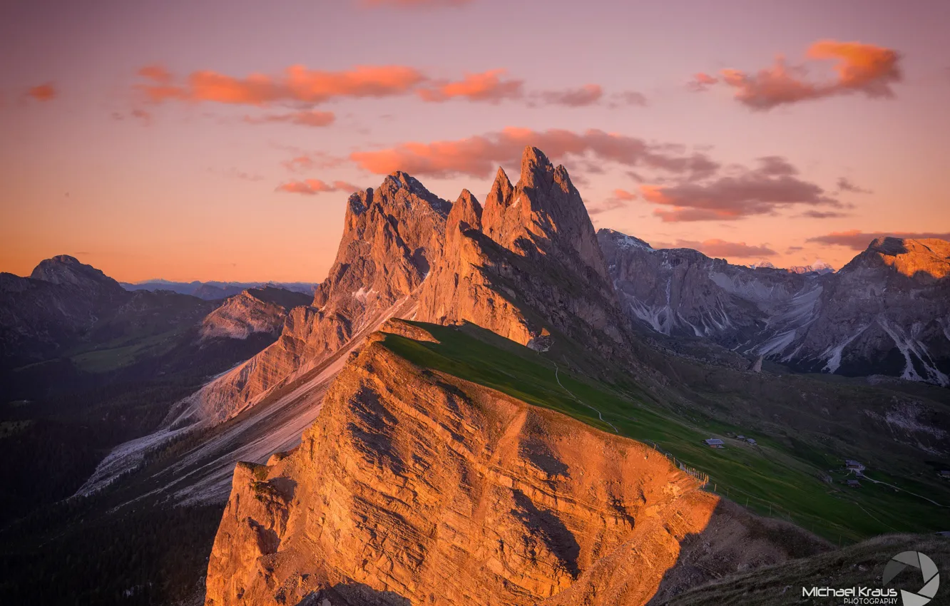 Photo wallpaper light, mountains, home, morning, slope, Alps