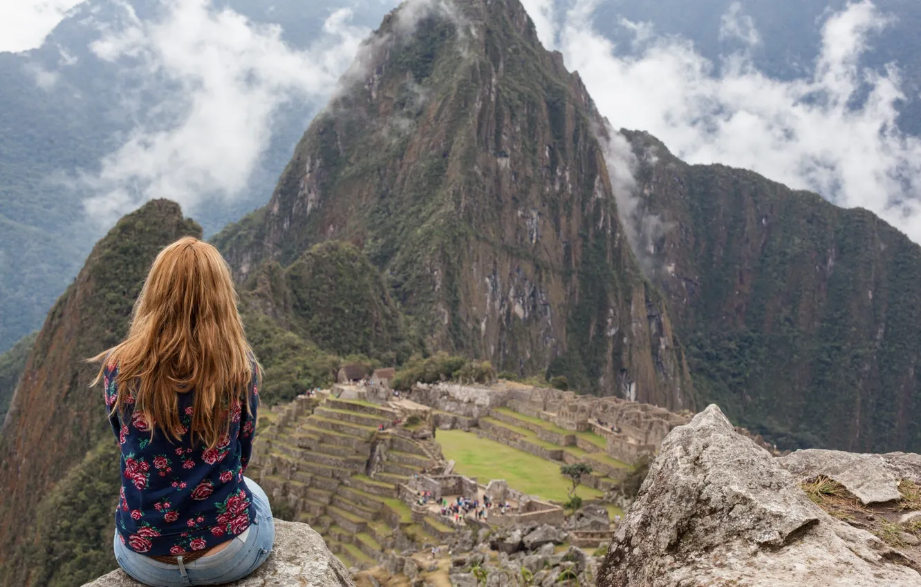 Photo wallpaper girl, landscape, nature, clouds, Peru, Machu Picchu