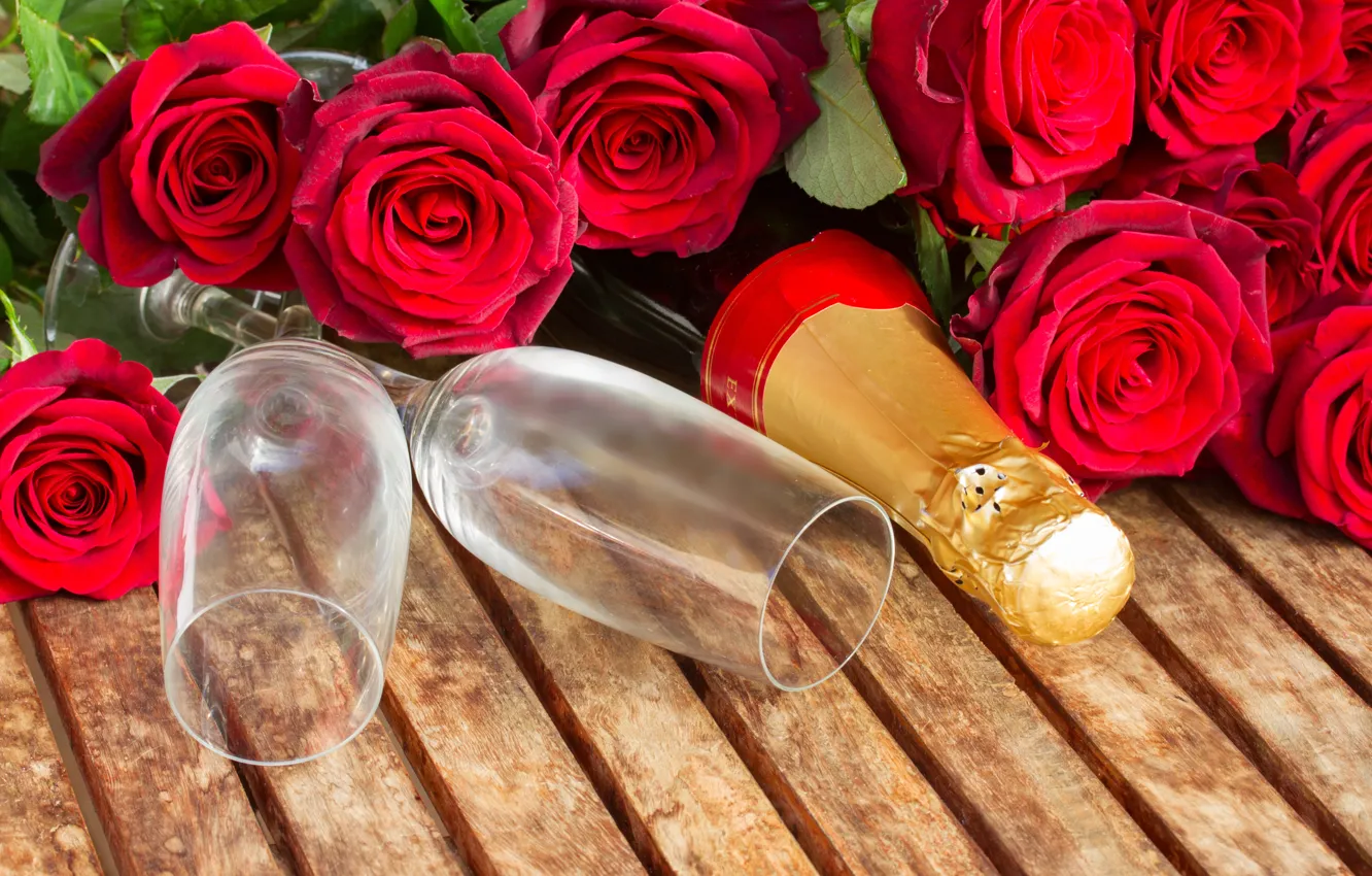 Photo wallpaper roses, glasses, champagne, romantic, Valentine`s day, Valentine's day