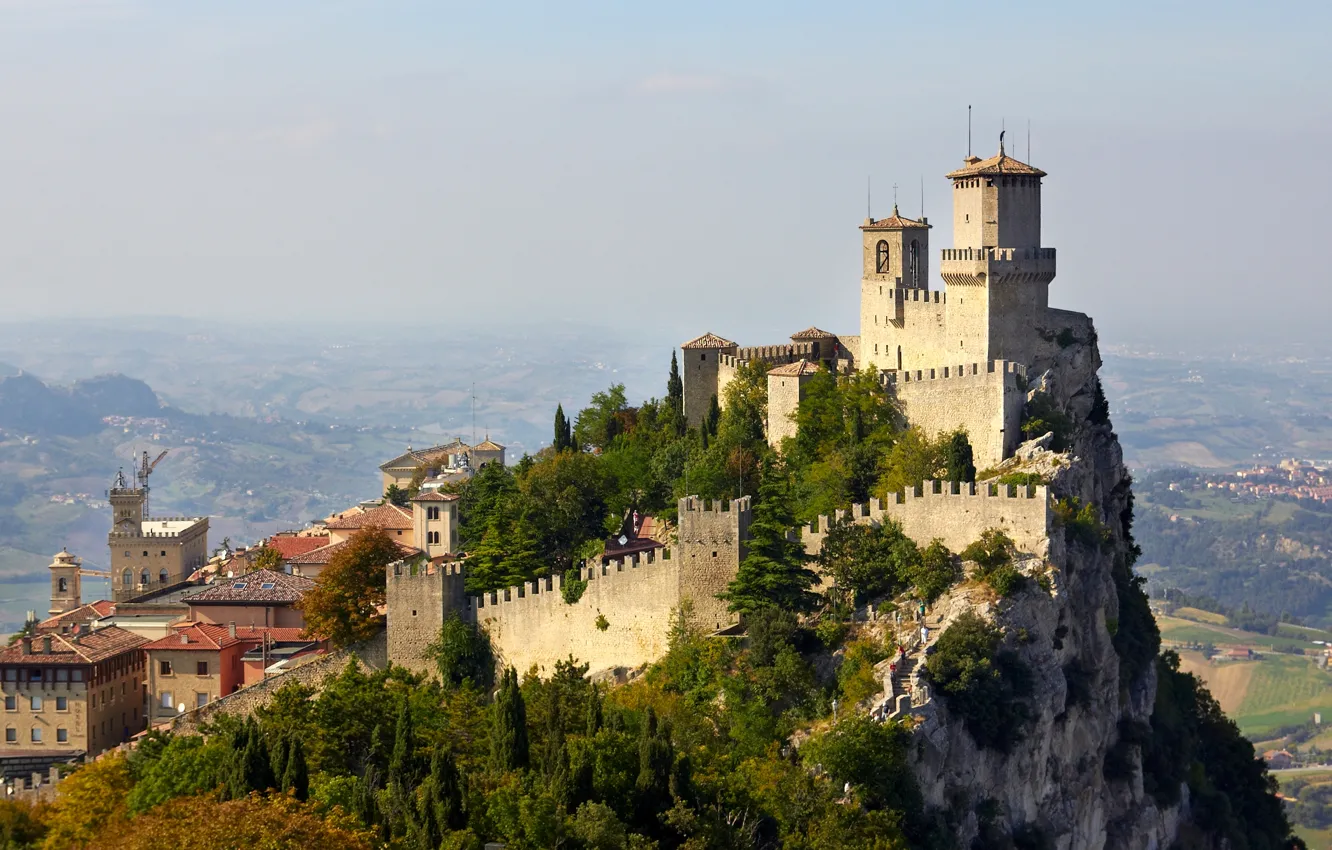 Photo wallpaper rocks, mountain, panorama, fortress, San Marino, Mount Titano, San Marino Historic Centre
