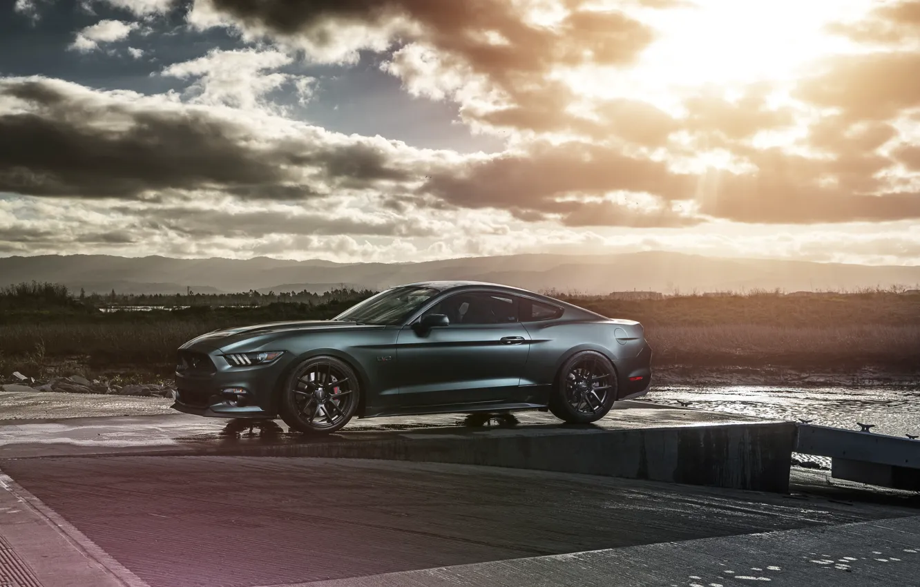 Photo wallpaper Mustang, Ford, Muscle, Car, Front, Sun, Sunset, Wheels, 2015, Velgen