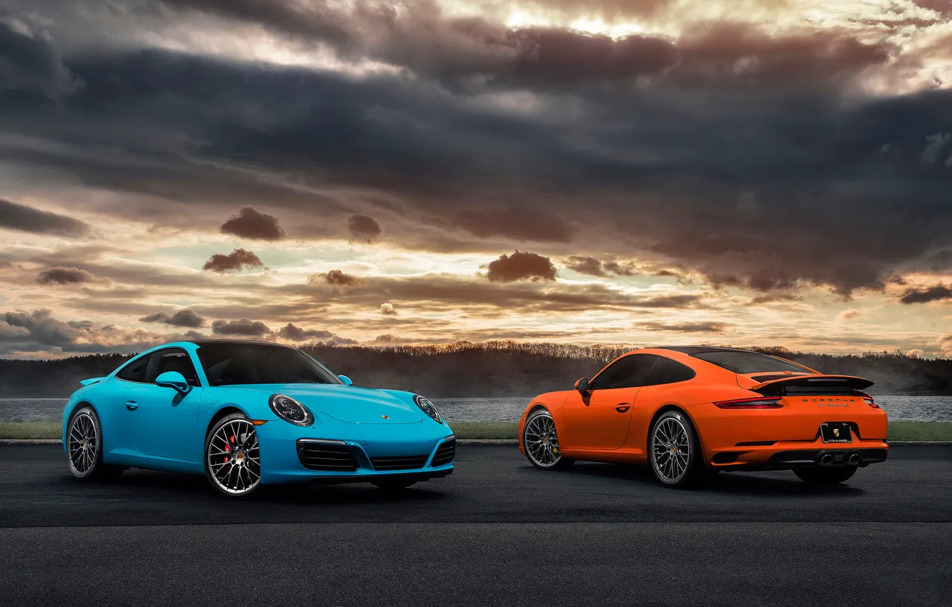 Photo wallpaper 911, Porsche, Orange, Blue, Front, Carrera, Supercars, Rear, 2017