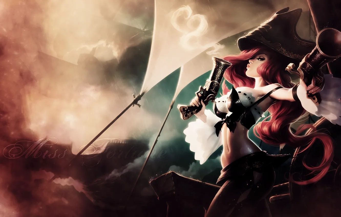 Photo wallpaper girl, weapons, art, sails, revolvers, League Of Legends, Miss Fortune