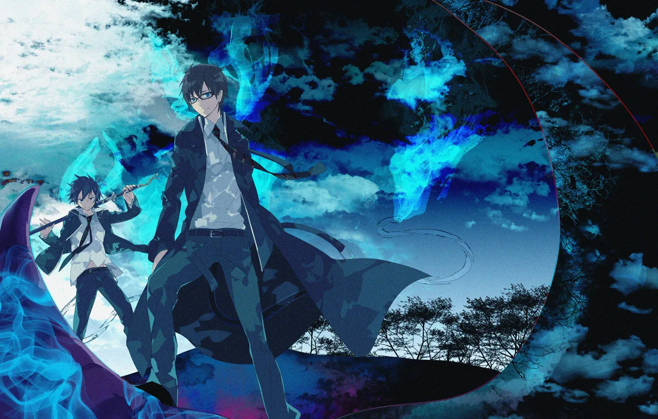Photo wallpaper art, brothers, Blue exorcist, Rin, Rin, blue flame, ao no exorcist, Yukio, blue exorcist