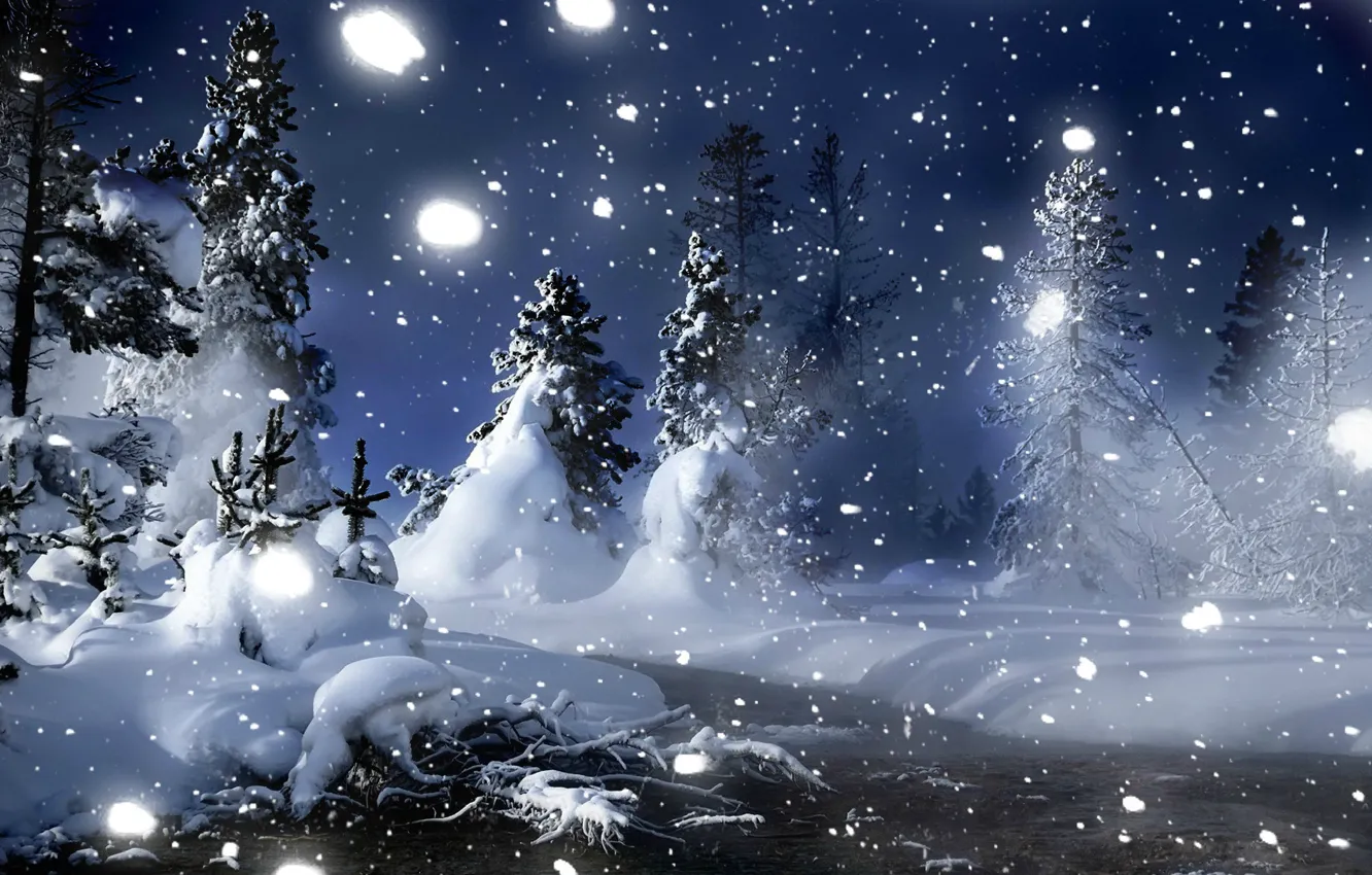 Wallpaper winter, forest, snow, trees, snowflakes, night, stream, the snow, snowfall  images for desktop, section природа - download