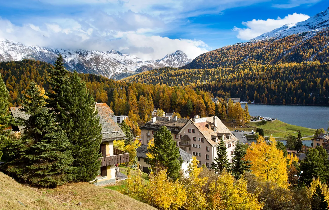 Wallpaper autumn, forest, mountains, river, home, Switzerland, St. Moritz images for desktop, section пейзажи - download