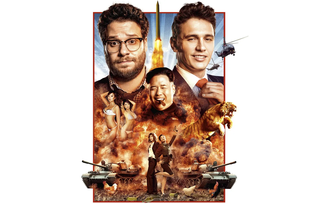 Photo wallpaper tiger, girls, helicopters, rocket, white background, action, poster, tanks, chicken, James Franco, Comedy, James Franco, …