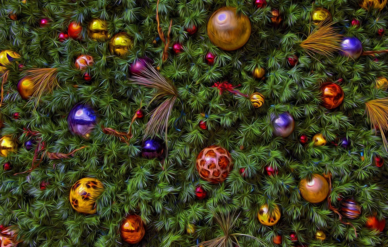 Photo wallpaper balls, decoration, background, holiday, toys, new year, Christmas, spruce, treatment, tree, herringbone, needles, Christmas decorations, …