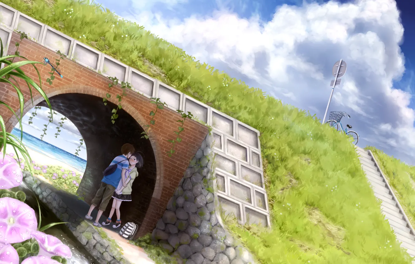 Photo wallpaper sea, the sky, clouds, flowers, bridge, bike, shore, anime, boy, art, girl, two, backpack, taka, …