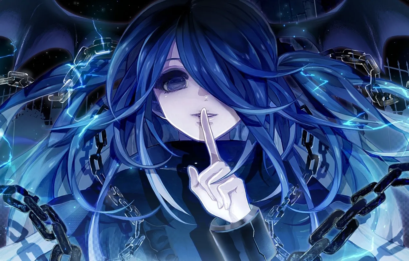 Photo wallpaper blue, Gothic, Girl, wings, finger, lips, chain, silence, shackles, deceit