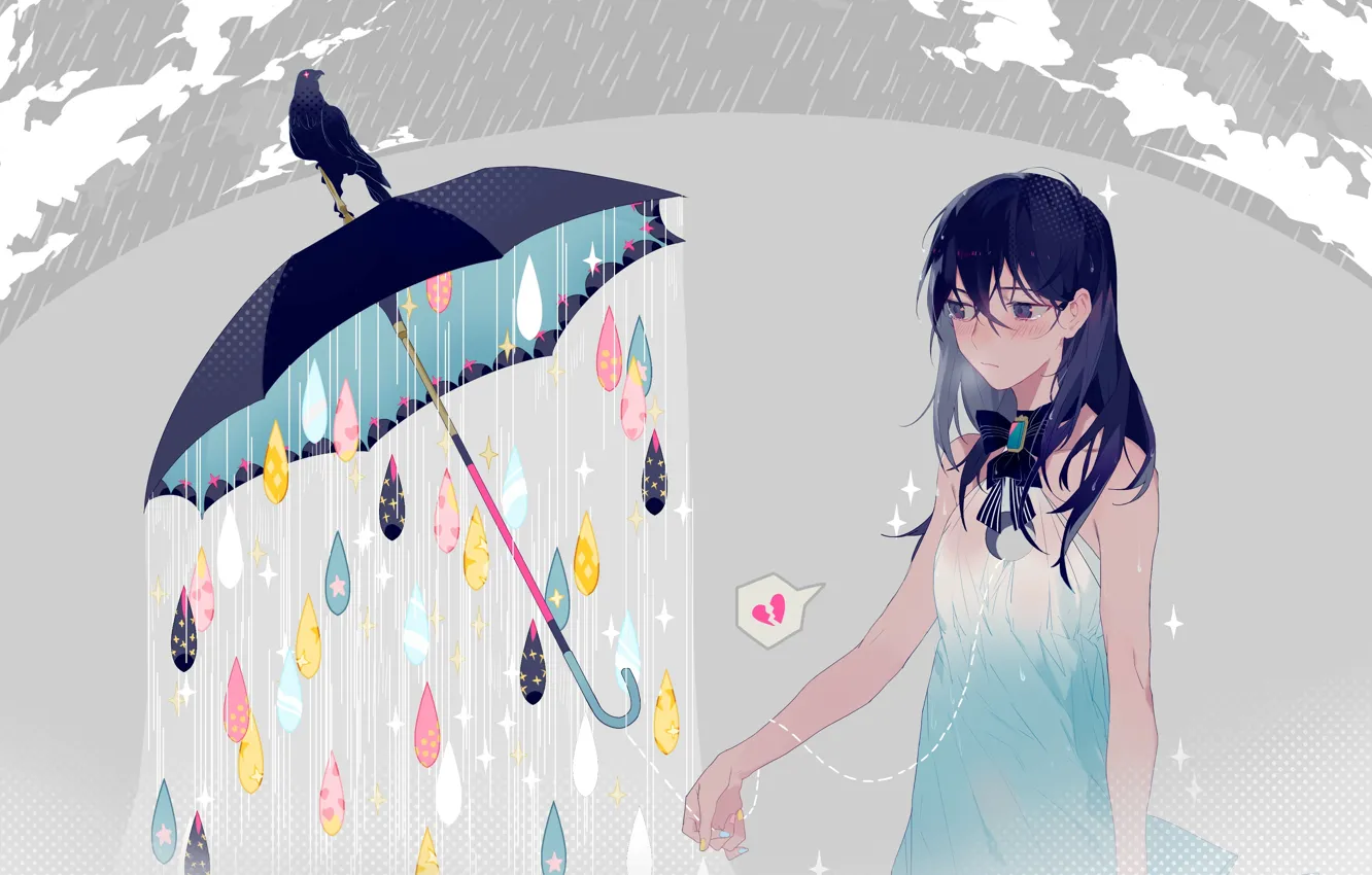 Photo wallpaper girl, drops, rain, umbrella, anime, art, crow, ryuutsuki base review