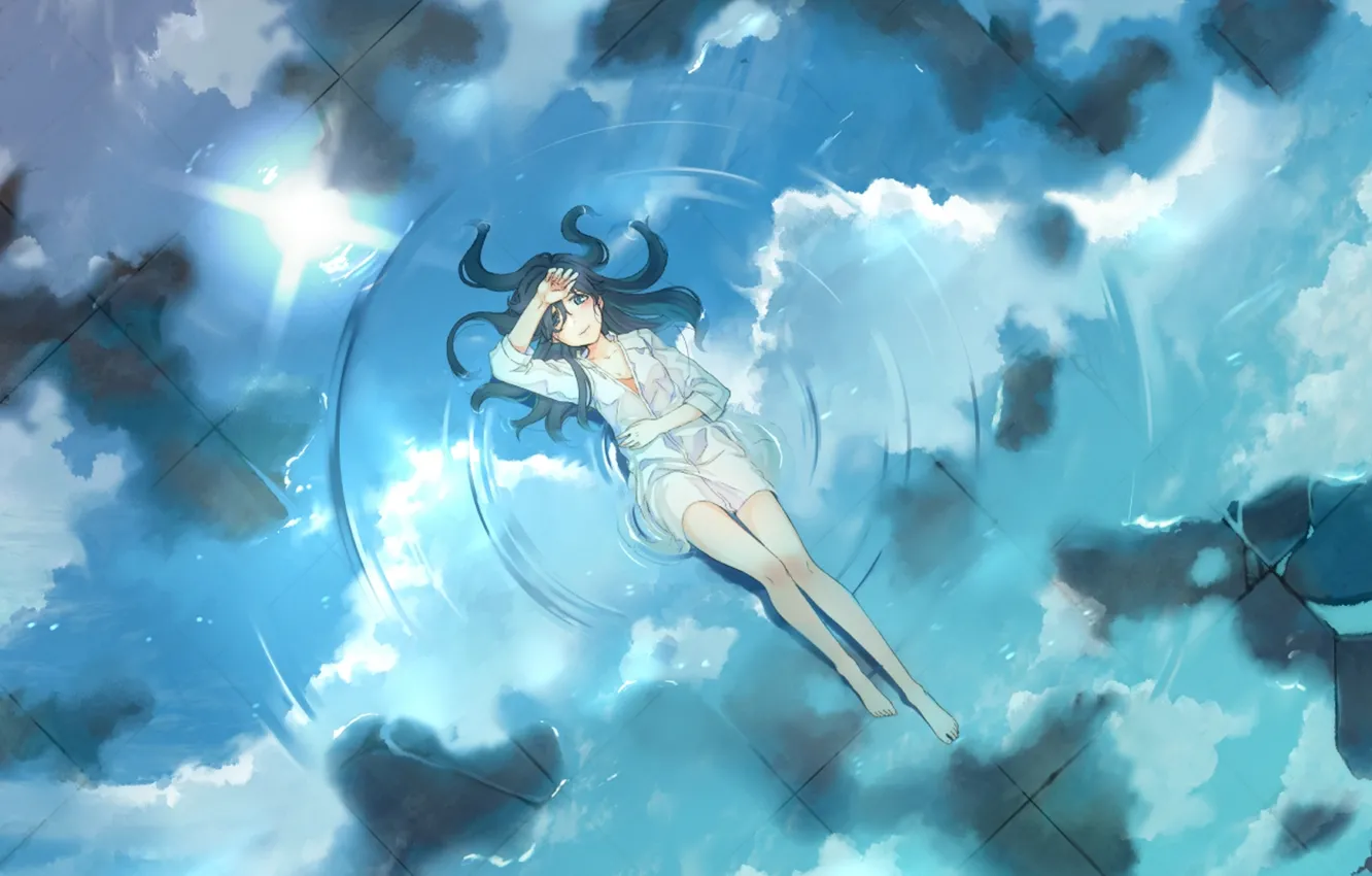 Wallpaper the sky, water, girl, the sun, clouds, smile, reflection, anime,  art images for desktop, section прочее - download