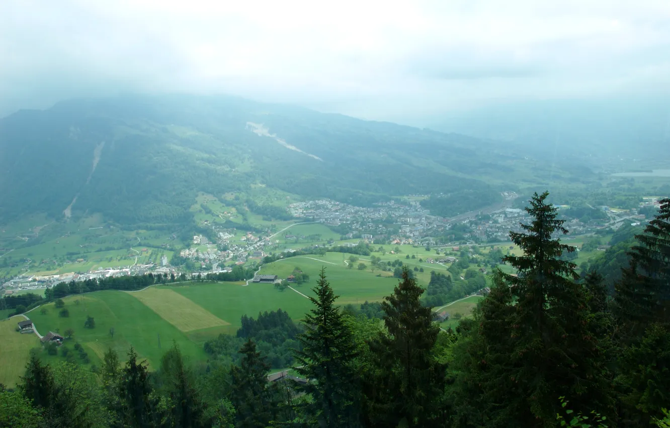 Photo wallpaper forest, clouds, trees, fog, Switzerland, valley, village, Switzerland, mount Rigi, Rigi