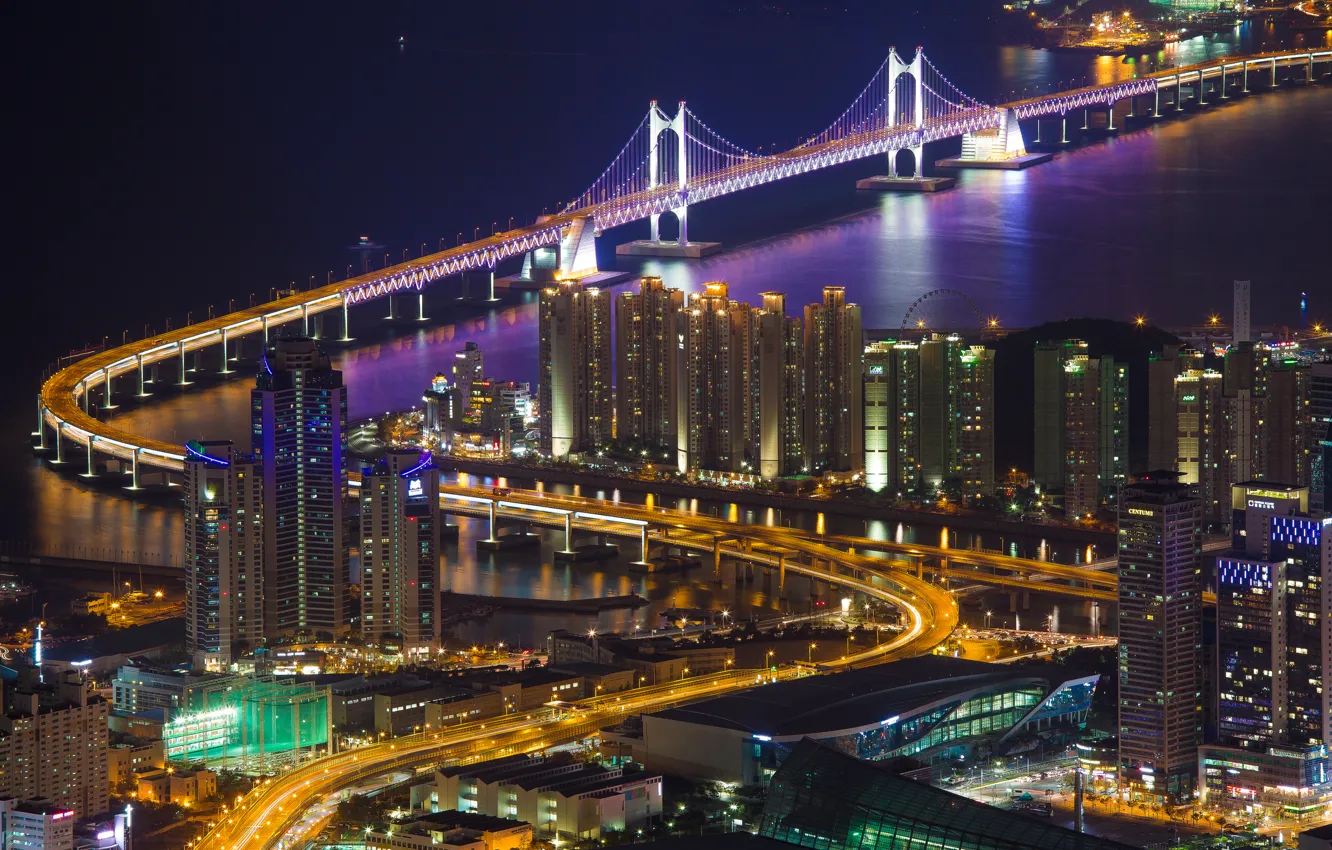 Photo wallpaper night, bridge, the city, lights, Strait, view, building, home, lighting, backlight, panorama, Busan, Gwangan, The …
