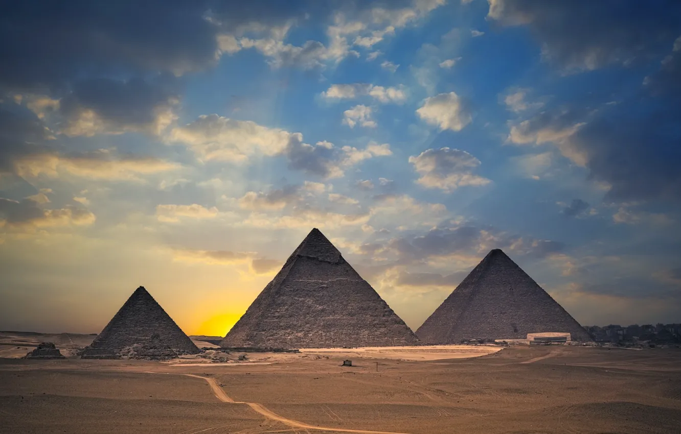 Photo wallpaper sunset, desert, pyramid, Egypt