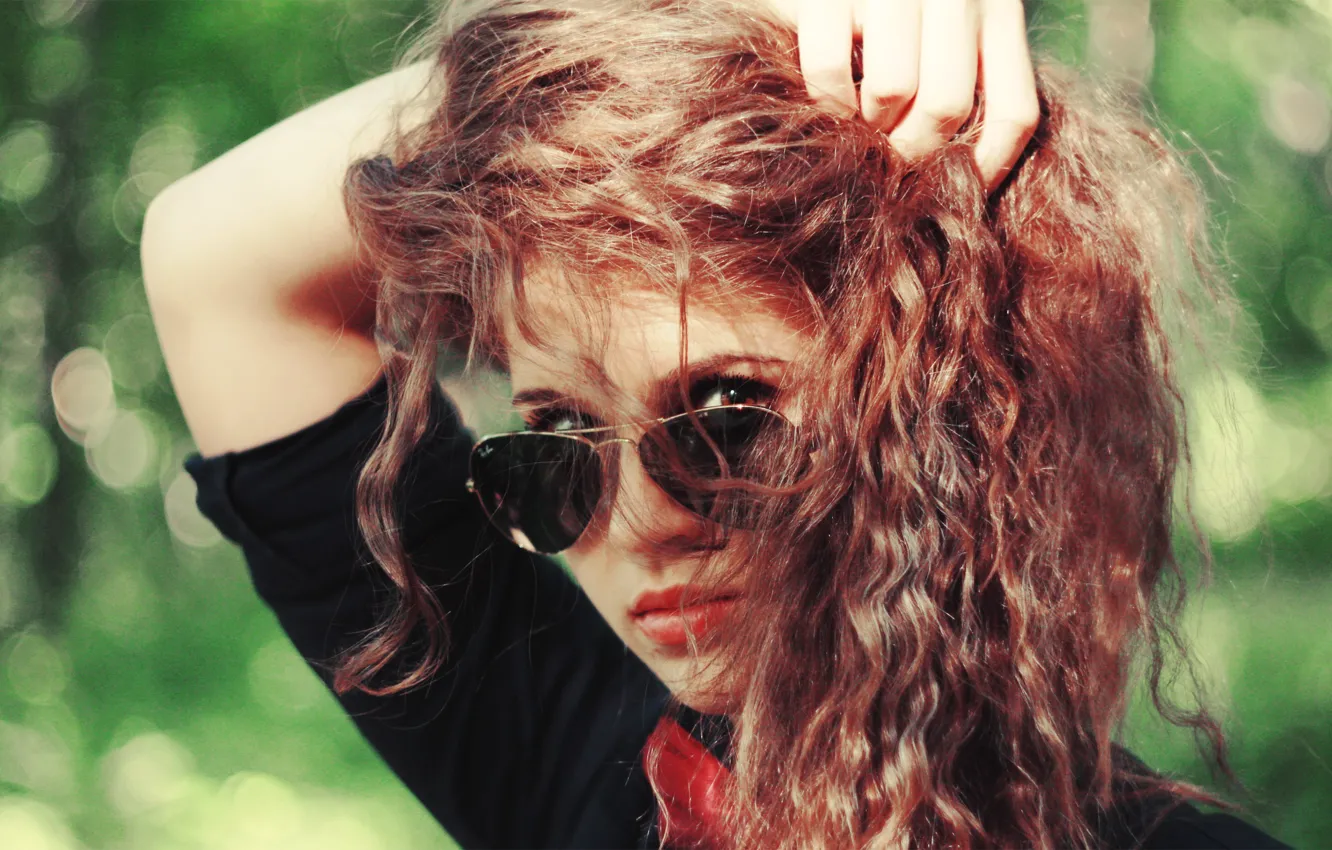 Photo wallpaper look, girl, background, Wallpaper, mood, glasses, red, curls