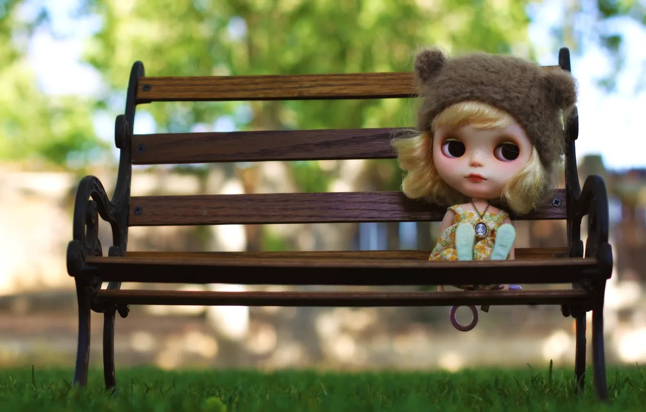 Photo wallpaper sadness, grass, bench, mood, hat, toy, doll, blonde, medallion, pendant, waiting