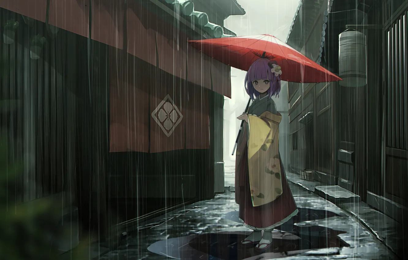 Photo wallpaper rain, home, umbrella, girl, puddles, kimono, street, Touhou, Japanese, Touhou Project, Project East, Hieda no …