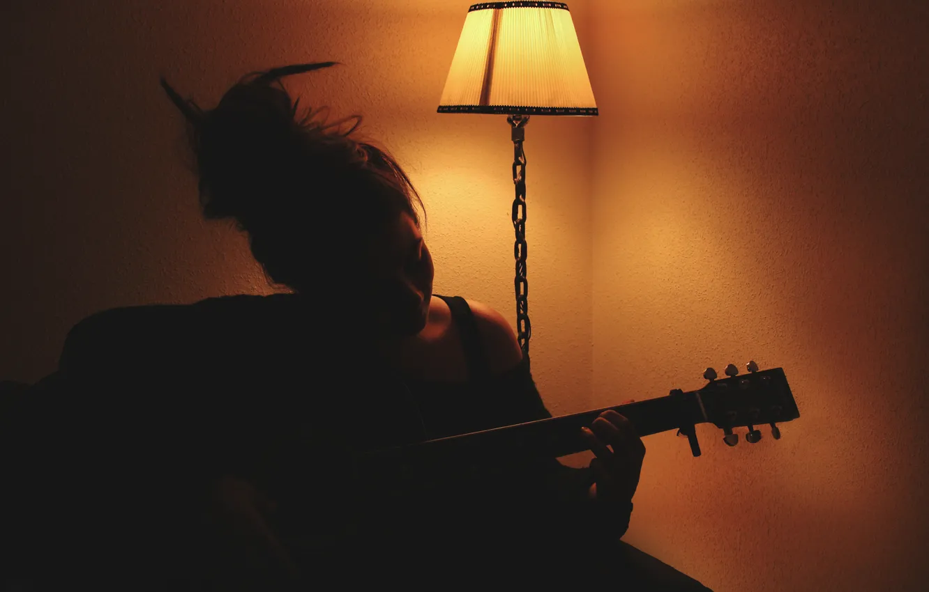 Photo wallpaper girl, music, guitar, silhouette, musician, lampshade