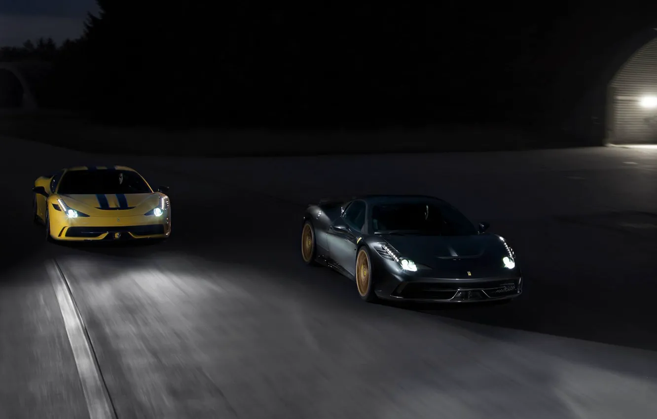 Photo wallpaper road, yellow, grey, ferrari, Ferrari, grey, yellow, headlights, 458 speciale