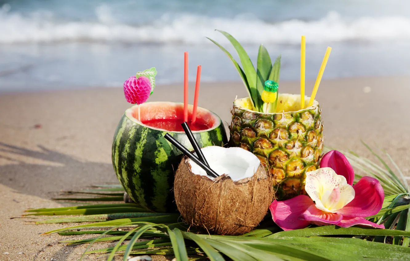 Photo wallpaper sand, sea, beach, flower, summer, leaves, the sun, coconut, watermelon, juice, pineapple, Orchid, tube