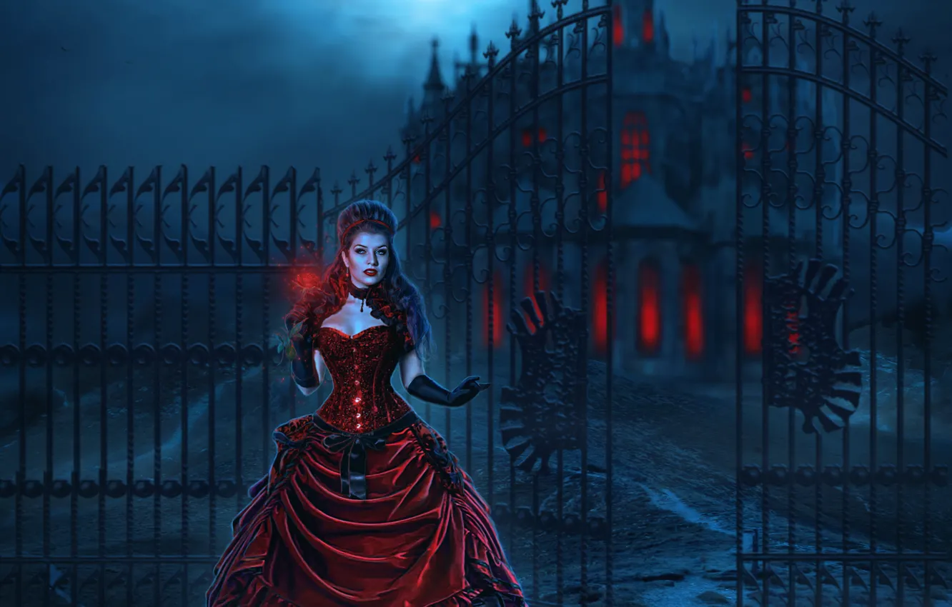 Photo wallpaper girl, night, castle, red, the moon, the fence, dress, Moon, Night, Dress, fatal