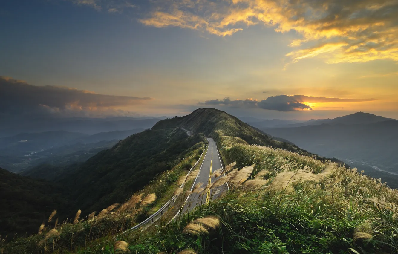 Photo wallpaper road, the sky, grass, mountains, the wind, hills, landscapes, China, view, road, places