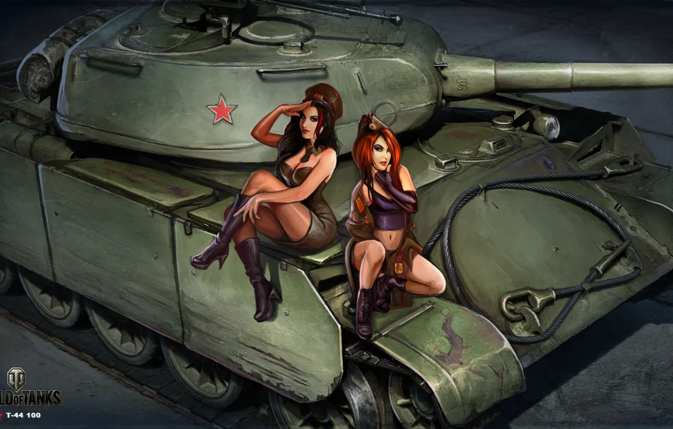 Photo wallpaper girls, figure, art, tank, Soviet, average, World of Tanks, tankistki, Nikita Bolyakov, The t-44 100