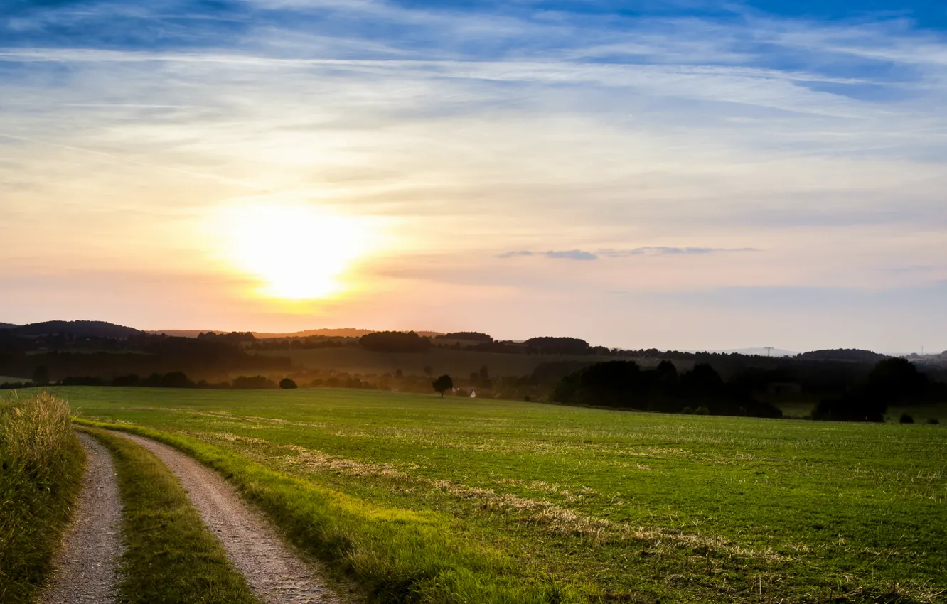 Photo wallpaper field, summer, the sky, the sun, clouds, trees, sunset, the evening, Italy, path