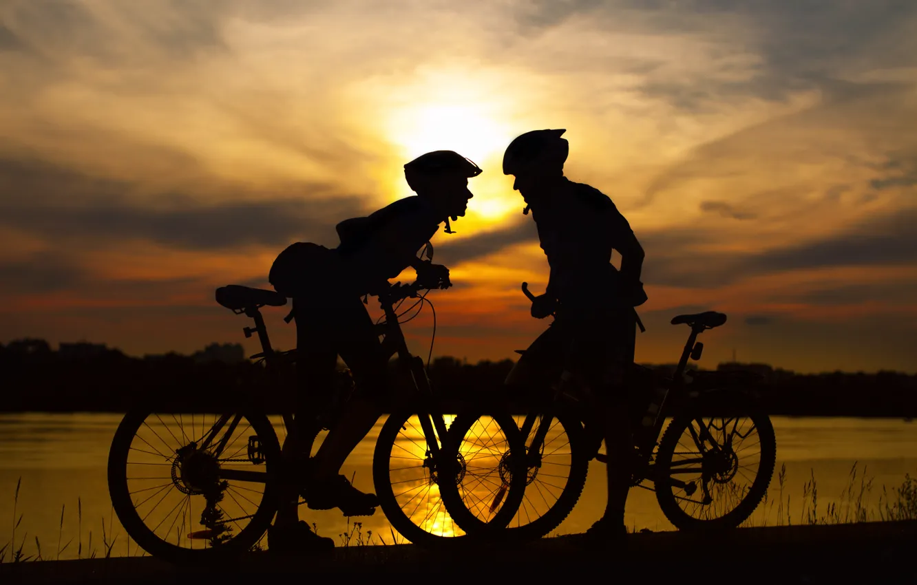 Photo wallpaper sunset, bike, people, the evening, bikes