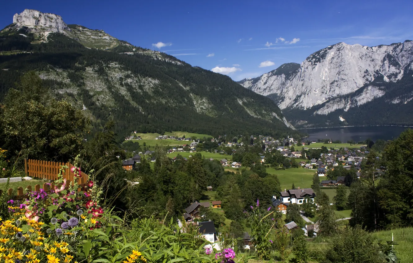 Photo wallpaper grass, trees, flowers, mountains, lake, home, Austria, village, Altaussee, Styria