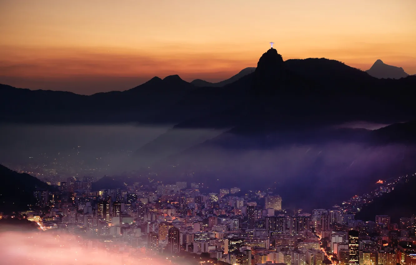Photo wallpaper mountains, the city, lights, Rio de Janeiro, Rio de Janeiro