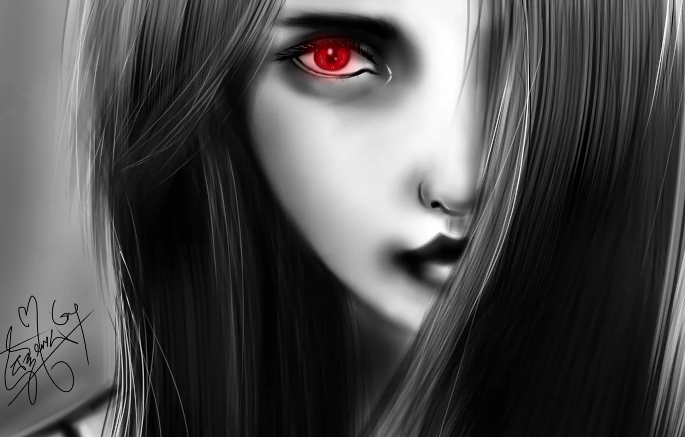 Wallpaper girl, red, face, eyes, hair, figure, black and white ...