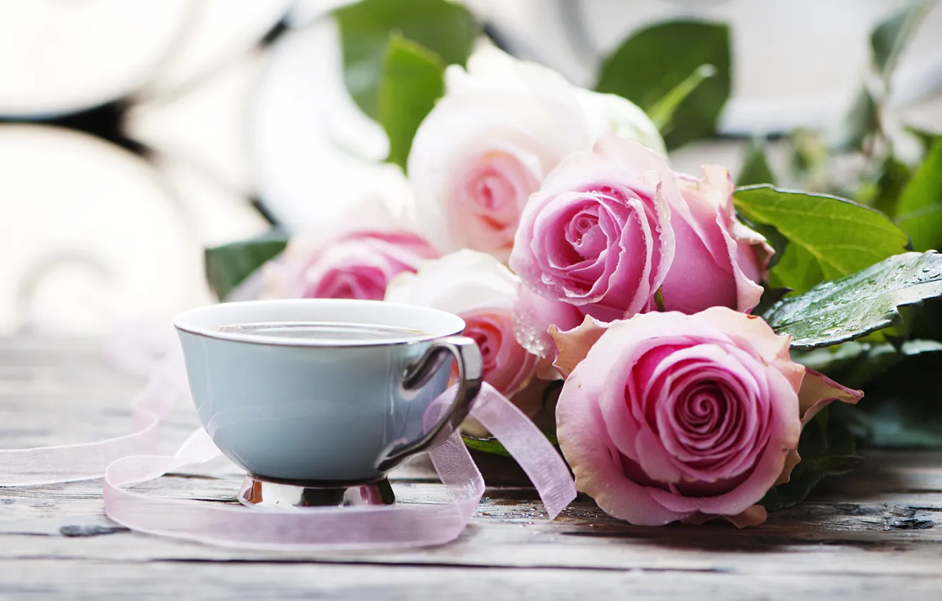 Photo wallpaper leaves, table, roses, Cup, drink, pink, ribbons, bokeh