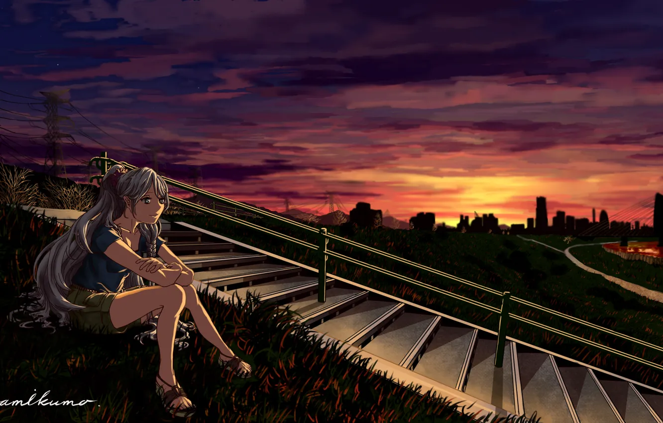 Photo wallpaper grass, girl, sunset, the evening, hill, ladder, railings, steps, vocaloid, hatsune miku, sitting